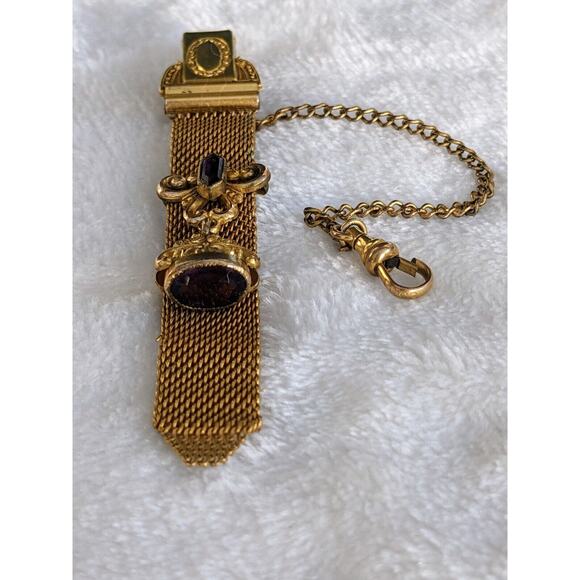 Antique Gold Fill Vest Pocket Clip Watch Chain Mesh Charm Victorian w/ Amethysts - Picture 3 of 12